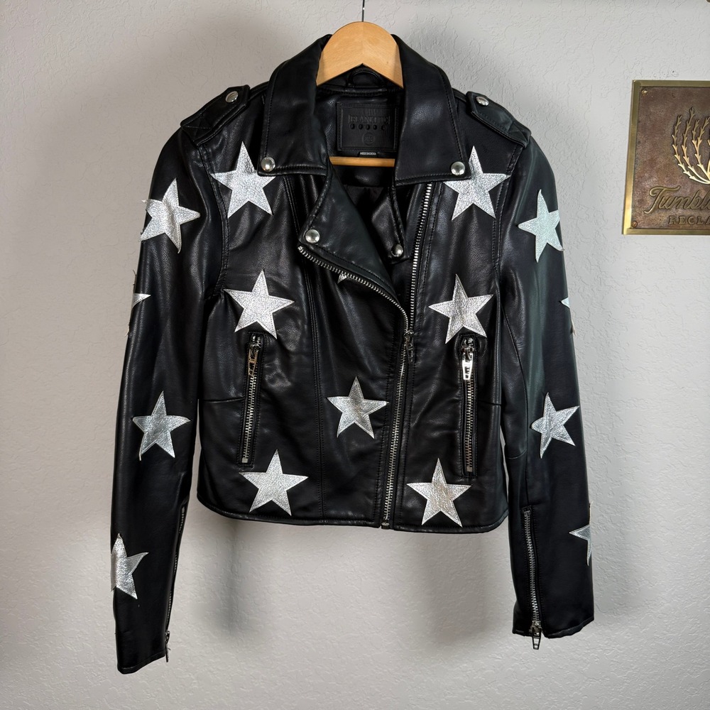 Blank NYC Black Vegan Leather Star Moto Jacket Silver Metallic 24XA5079 XS - Picture 3 of 8